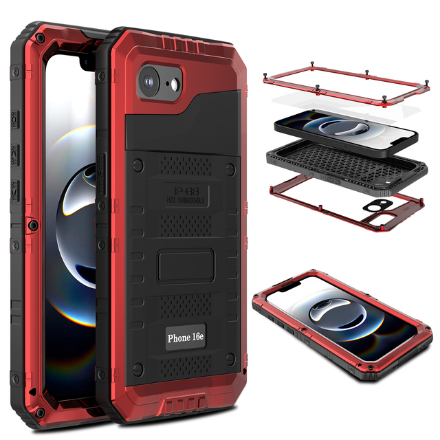 Metal Waterproof Case for iphone 16e / Se / 17e Heavy Duty Kickstand IP68 Screen Protector Covers