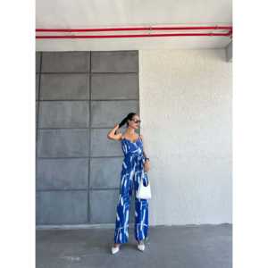 Blue White Patterned V-Neck Strappy <b>Jumpsuit</b> <b>Women</b> High Waist <b>Casual</b> Chiffon Sleeveless Breathable Street Wear - Product Image 5