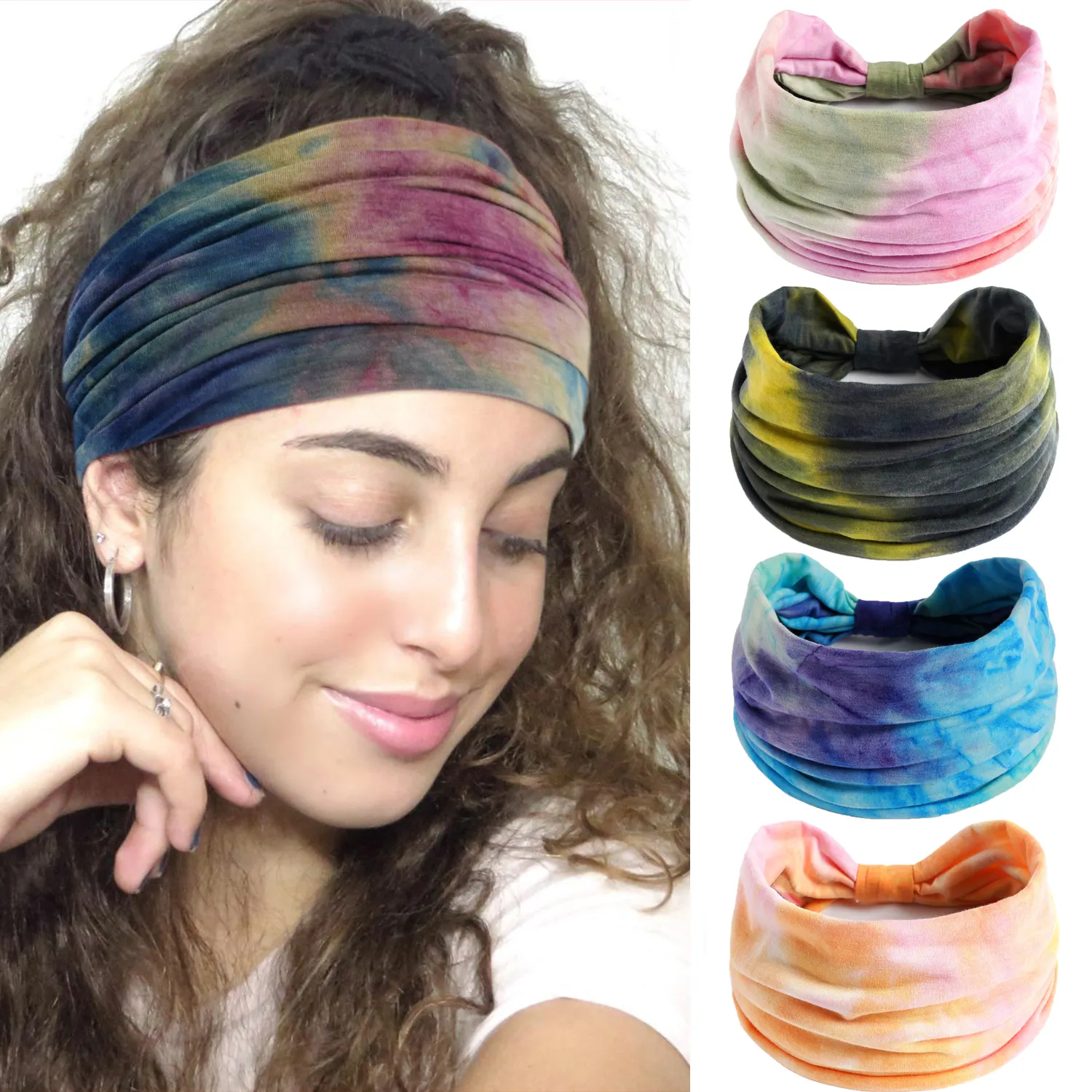 Stretch Rainbow Yoga Sport Kopf wickel Elastic Sweat Twist Knotted Thick Wide Tie Dye Turban Stirnbänder für Frauen