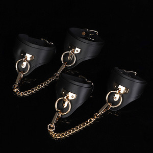 <b>Leather</b> <b>Handcuffs</b> Black Metal Chain Bondage Restraints Adult Couples Discipline Props Strong Durable Design - Product Image 1