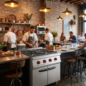 Cuisinière à gaz commerciale pour hôtels et restaurants, 4 brûleurs, avec réchaud en terre cuite et armoire ou four à gaz - Product Image 1