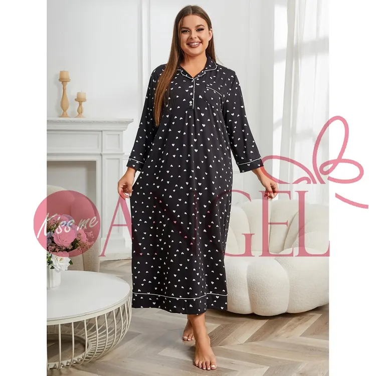 KISS ME ANGEL große größe pyjamas damen lange Ärmel knopf liebe druck große größe locker nachtkleid homewear