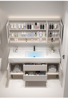 Ensemble de meuble-lavabo de salle de bain autoportant, style crème, en bois massif, avec double vasque intégrée en dalle de pierre multicouche, design minimaliste moderne
