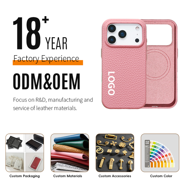 Wholesale Custom Logo Fashion Luxury Lychee Pattern Genuine Leather Shockproof Magnetic Phone Case for iPhone 17 16 15 Pro Max