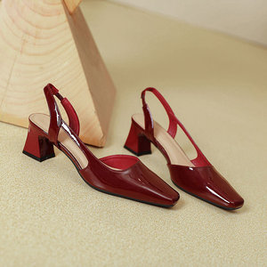 Women Square Toe Heeled <b>Sandals</b> Patent Leather Mid Heel Back Strap Slip-On Elegant Fashion Trend Solid Color - Product Image 4