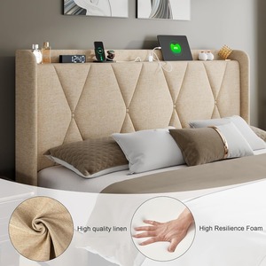 Factory Wholesale Double <strong>Bed</strong> Frame with 4 <strong>Storage</strong> Drawers <strong>Padded</strong> Buttons Fleece 4-inch <strong>Storage</strong> Headboard Beige for Easy Assembly - Product Image 6