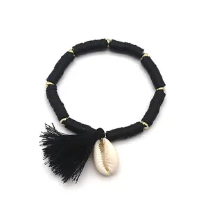 Natuurlijke Shell Kwastje Armband Polymeer Klei Kralen Armband Strand Stretch Touw Gesneden Klei Kralen