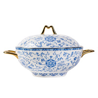 Ensemble de bols et d'assiettes en céramique de luxe de Jingdezhen, nouveau motif végétal chinois, émail bleu et blanc, passe au micro-ondes, cadeaux pour les mariages et les célébrations