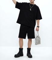 Ensemble décontracté homme sur mesure en tissu lisse, t-shirt oversize et short, col rond, deux pièces, streetwear, tenue d'été, loungewear