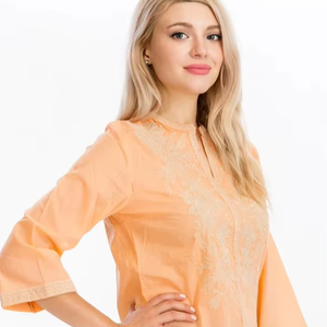 Personnalisé lâche été décontracté simple demi manches courtes col en V brodé hauts coton lin Blouses pour femme - Product Image 1