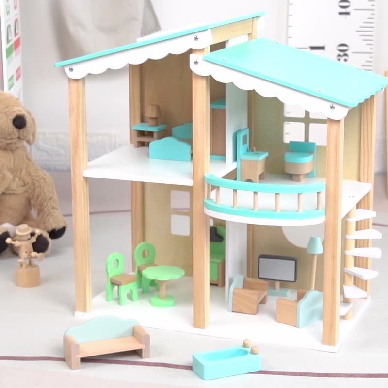 Realistic Blue Wooden Doll House for