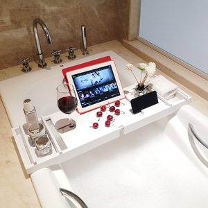 Étagère de bain en bambou blanc 60x70cm, support de rangement de salle de bain rétractable autoportant - Product Image 2