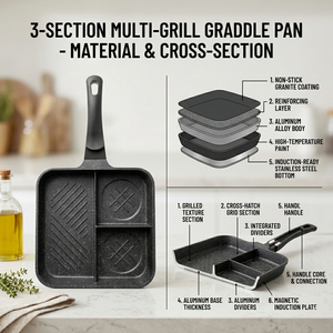 E-Top - Sartén para Asar de Aluminio Fundido a Presión con Logotipo Personalizado al por Mayor, OEM, 3 Secciones Divididas, Antiadherente, 3 en 1, para Desayuno - Product Image 4