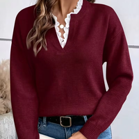 Pull tricoté décontracté pour femme, col en V, avec dentelle, respirant, anti-plis, extensible, tendance, 100 % coton, collection automne européenne, vente en gros