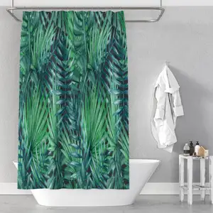 도매 북유럽 녹색 잎 샤워 커튼 세트 디자이너 화이트 욕실 깔개 및 샤워 커튼 폴리 에스터 패브릭 샤워 커튼