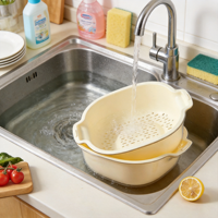 Dubbellaagse voedselveilige plastic groente- en fruitwasmand met afvoer, handmatig keukenhulpmiddel T-6037