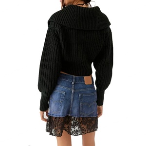 Minifalda vaquera azul de talle bajo con encaje en contraste para mujer - Product Image 2