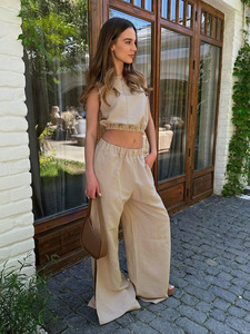 Pantaloni da donna in cotone Crop gilet con spacco in due pezzi Set da donna ufficio estivo 2 pezzi Set da donna - Product Image 2