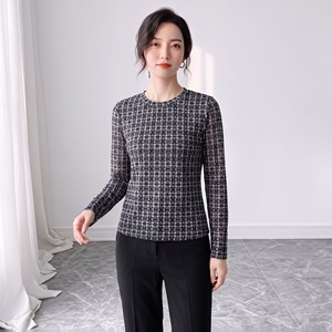 Nouvelle Collection Automne 2026 – T-shirt Imprimé <span class=keywords><strong>à</strong></span> <span class=keywords><strong>Carreaux</strong></span> Col Rond Manches Longues – Haut Amincissant et Ajusté pour Femme - Product Image 2
