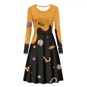 Womens Dresses for Church Long Sleeve A Line Swing Flared Casual Wedding Party Evening Dress Cute Halloween Pattern Candy Muffin