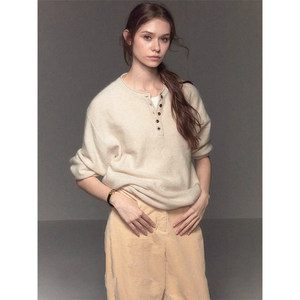 Pull en maille douce et moelleuse pour <span class=keywords><strong>femme</strong></span>, style Henley à boutons, coupe ample, effet cachemire, couleur avoine - Product Image 2