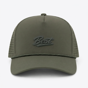Wholesale Custom Logo <b>Waterproof</b> Golf Cap Laser Perforated Sports <b>Hat</b> Olive Green 5 Panel Rope <b>Hat</b> with 3D Silicone Patch - Product Image 1