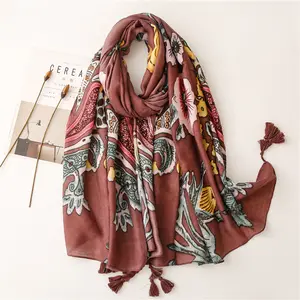 Оптовая продажа, Зимний Теплый Симпатичный хлопковый шарф, легкий цветной цветочный принт, большой этнический шейный платок из вискозы для женщин