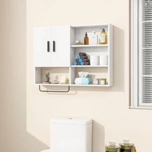 Armoire murale <span class=keywords><strong>blanche</strong></span> pour salle <span class=keywords><strong>de</strong></span> bain avec 2 portes, étagères réglables, barre <span class=keywords><strong>porte</strong></span>-serviettes, rangement au-dessus des toilettes pour cuisine et buanderie - Product Image 4