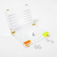 Jeux de backgammon blancs en acrylique Lucite transparent de haute qualité avec des puces orange et jaune