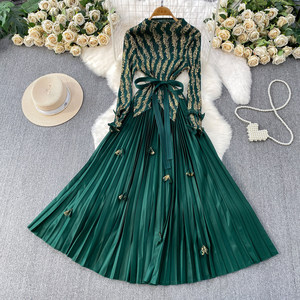 Fashion Women <strong>Clothes</strong> Elegant <strong>Gold</strong> Foil Pleated Dress Ruffle Sleeves Belted Waist Women's Dress Casual Fashion Pleated Dress - Product Image 2