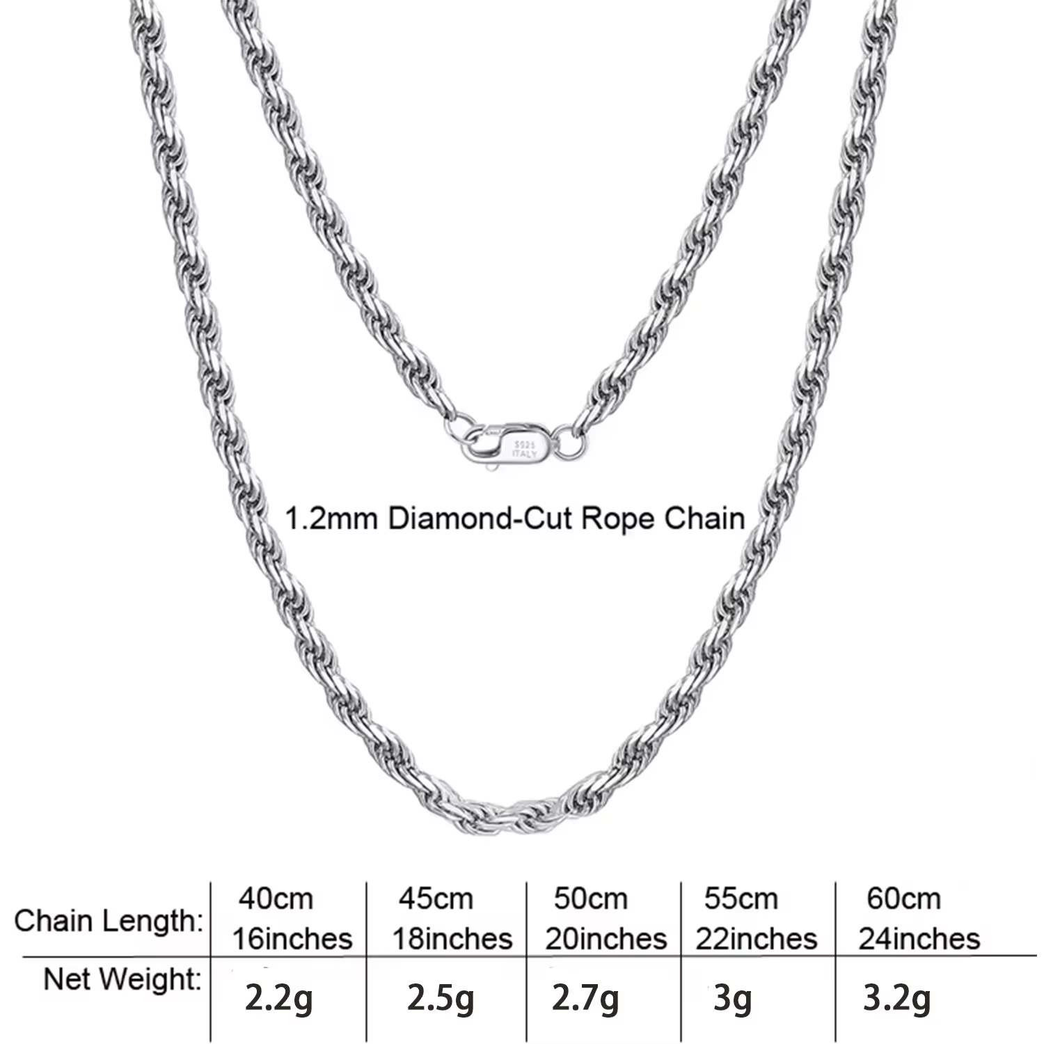 Catena a corda in argento da 1,2 mm