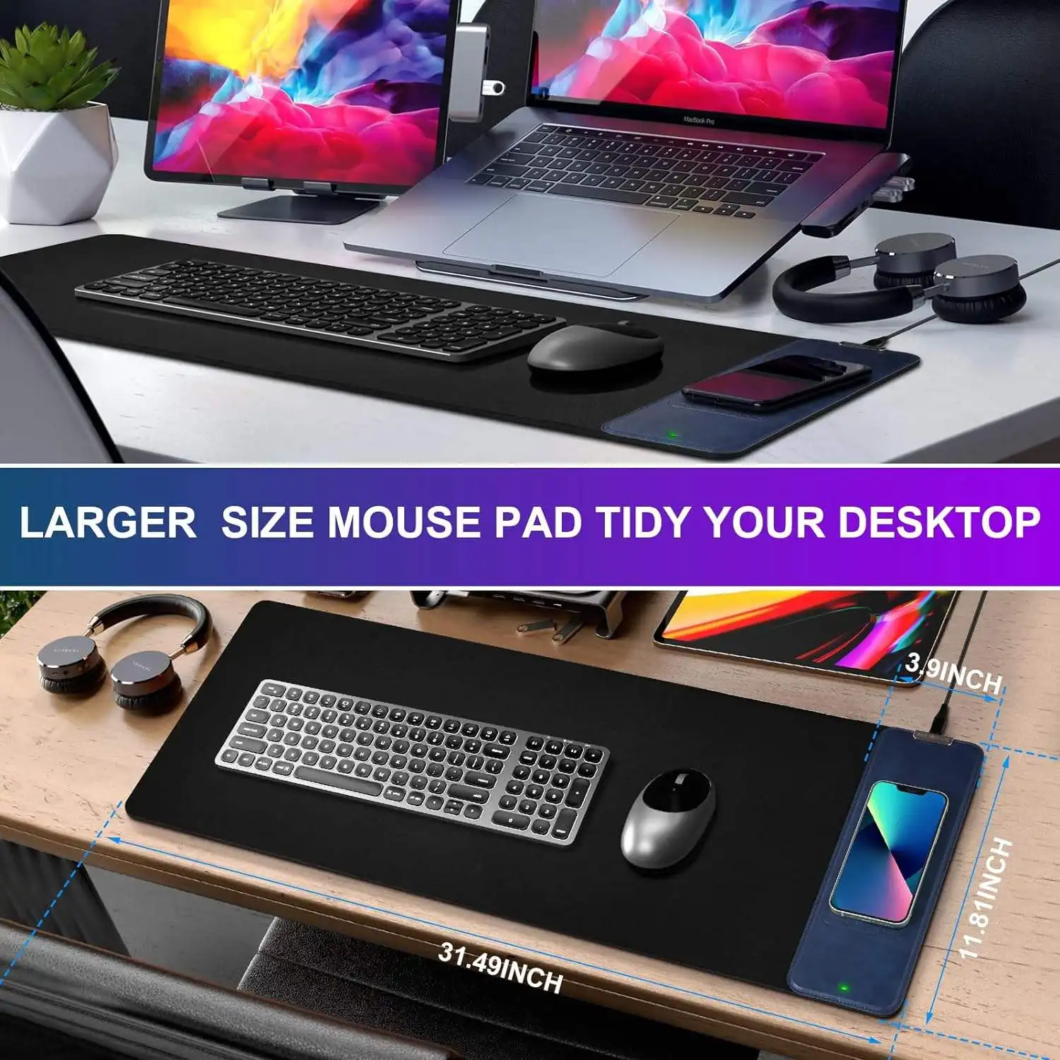 Wireless Charging Mouse Pad 15W Cloth Desk Pad and Leather Wireless Charger 2in1 Non-Slip Keyboard Mousepad for Office Home