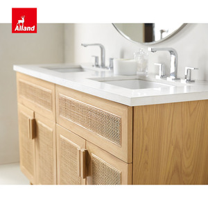 Meuble-lavabo moderne Allandcabinet sur mesure avec cadre en bois et porte en <span class=keywords><strong>rotin</strong></span>, double vasque encastrée sous le meuble pour salle <span class=keywords><strong>de</strong></span> bain - Product Image 3