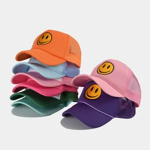 summer women beach 5 panel polyester mesh back cap smiley face hot pink custom foam trucker hat