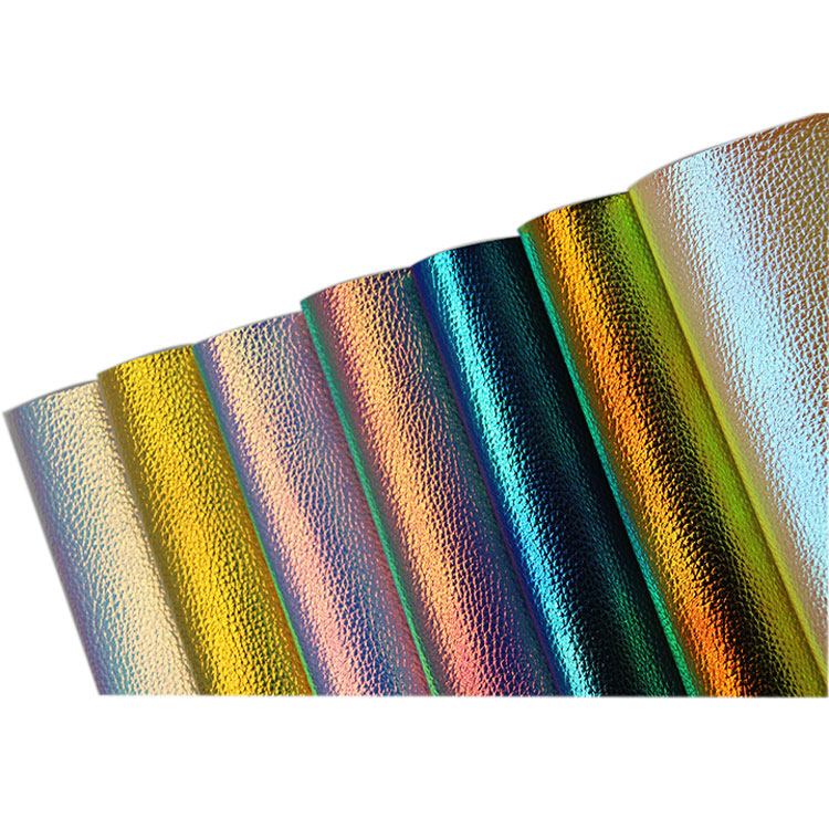 Spot Wholesale rainbow Metal Film Lychee Pattern PU Synthetic Leather Fabric to Make Bags and Shoes