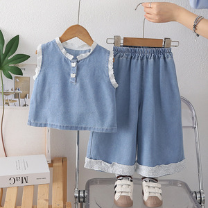 Conjunto de <span class=keywords><strong>dos</strong></span> piezas de pantalones de manga corta a rayas de verano para niñas, ropa informal delgada de moda para niños, uso diario - Product Image 2