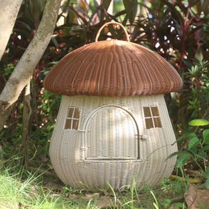Rattan Woven Pet Bed Mushroom Shape Breathable <b>Cat</b> Dog Bed Indoor Outdoor Use Round Design - Product Image 1