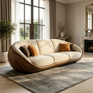 Sofá Curvo Tapizado en Beige con Estructura Exterior de Fibra de Vidrio con Acabado en Madera de Nogal para Espacios Residenciales de Lujo - Product Image 5