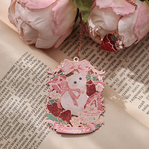 LABON Marcador de Libros de Metal Oro Rosa, Estilo Lolita, Hueco, de Latón, con Dijes Esmaltados, Diseño Kawaii de Gato y Conejo, Regalo de Papelería - Product Image 1