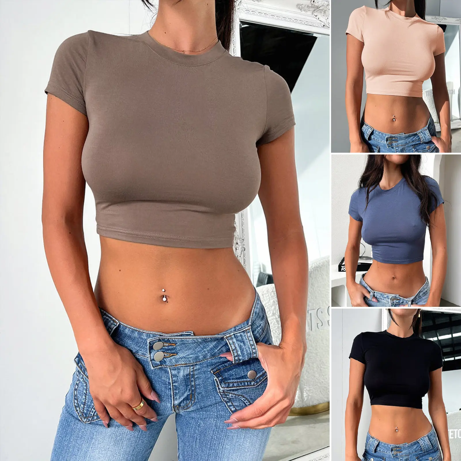 T786 Sexy Dames T-Shirts Modale Bodycon Crop Tops Stijl Vest Voor Mode Meisjes Katoenen Vrouwen Jurk Ronde Hals