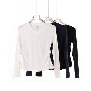 RUICHI Kaos Wanita Model Kerut Pinggang V-Neck Lengan Panjang 230g Baju Dasar dengan Lipatan Pinggang Atasan Sederhana Serbaguna - Product Image 1