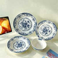Service de table en céramique à motif floral bleu rose vintage, assiettes et bols en porcelaine classiques pour la décoration de table