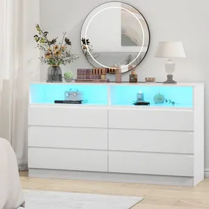 Caliente popular muebles de dormitorio de madera LED blanco 6 cajones cómoda para dormitorio