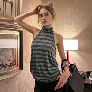 Blusa de Moda Coreana con Rayas Simples, Espalda Descubierta, Cuello Alto, Estilo Vintage Y2K, Holgada y Relajada para Mujer - Product Image 1