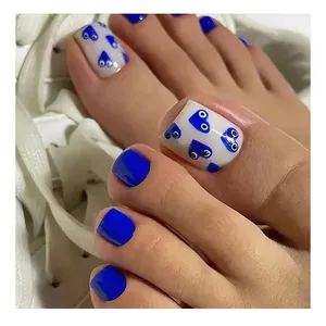 时尚夏季美式欧式脚趾假指甲纯色蓝色卡通设计假全盖足趾指甲尖