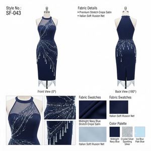 Vestido Midi Azul Marino para Mujer con Bordado Intrincado de Cristales y Plumas y Detalles Elegantes de Borlas - Product Image 2