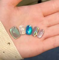 Unhas Postiças Micoz Francesas Feitas à Mão e Pintadas à Mão em Acrílico Azul Claro com Cola, Formatos Coffin/Amêndoa/Quadrado, Comprimentos Longo/Médio/Curto