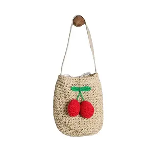 2023 new straw bag cherry one-shoulder messenger hand-held rattan bag ethnic style hand-woven women bag