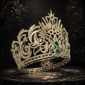 Couronne de Reine de <span class=keywords><strong>Luxe</strong></span> Plaqué Or avec Émeraudes et Cristaux Étoilés, Tiara Ronde Complète pour Concours de Miss Beauté - Product Image 2