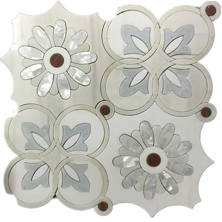 DTH Stone lantern type pure white marble mix mother of pearl waterjet flower mosaic tile